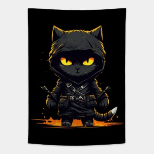 Ninja Cat Strikes: Black & Yellow Cartoon Art Fury! Tapestry