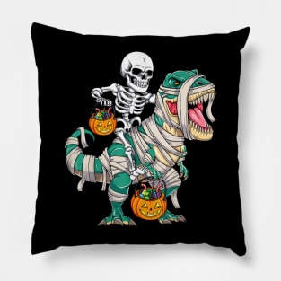 Skeleton Riding Mummy Dinosaur Funny Halloween Pillow