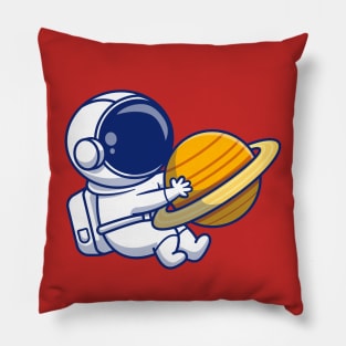 Cute Astronaut Hugging Planet Cartoon Vector Icon Illustration Pillow