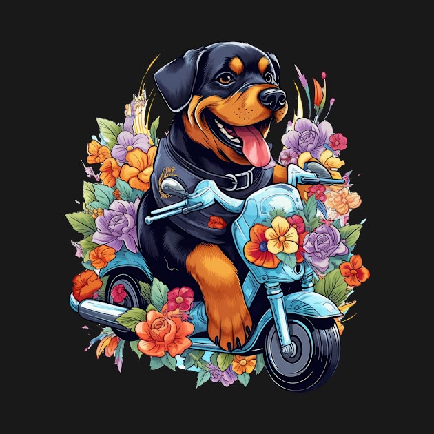 A cute t-shirt design featuring a Rottweiler Dog on a scooter by teestore_24