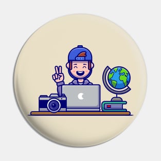 Happy Man Working On Laptop Cartoon Pin