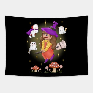 Cute Girl Flying With Cat Dracula And Ghosts Tapestry