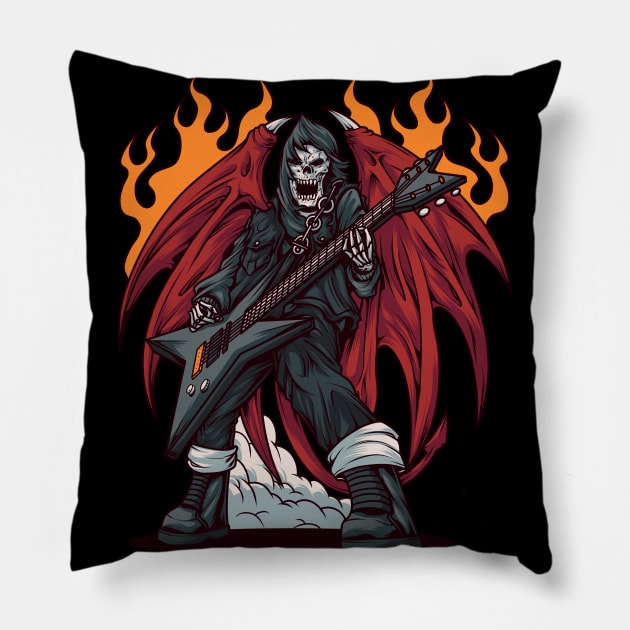 Heavy Metal Guitar Player | Red Winged Skull Fire & Smoke Pillow by JakesRWild