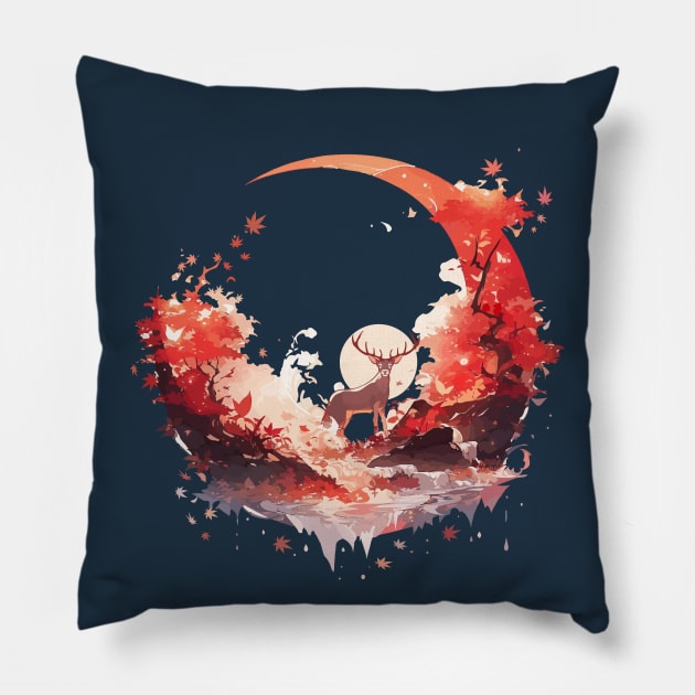 Peaceful deer in autumn momiji moon scene Pillow by Myanko