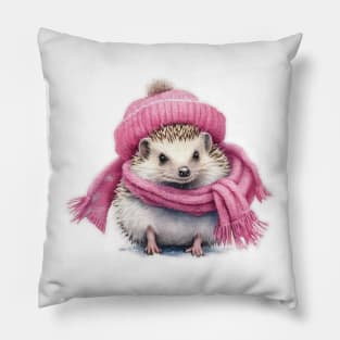 Adorable cute hedgehog wearing a pink hat and scarf Pillow
