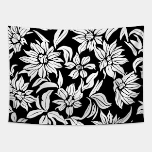 Black and White Floral Lino Print Tapestry