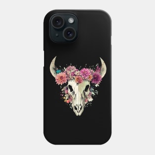 Cow Skull butterflies and floral dahlias crown, rodeo, wild, farm, cowgirl, cow, watercolor style Phone Case