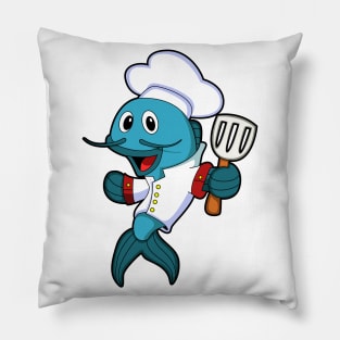 Fish as Cook with Cooking apron & Spatula Pillow