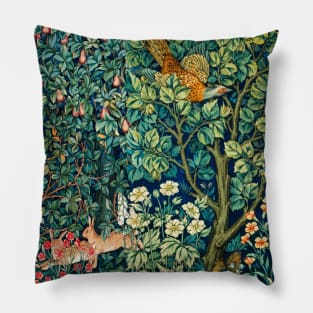 GREENERY,FOREST ANIMALS Pheasant on Tree,Squirrel,Hares,Blue Green Floral Tapestry Pillow