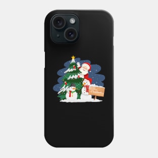 Santa claus with christmas tree and snowman at night Phone Case