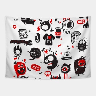 funny doodles with cute monsters black and red Tapestry