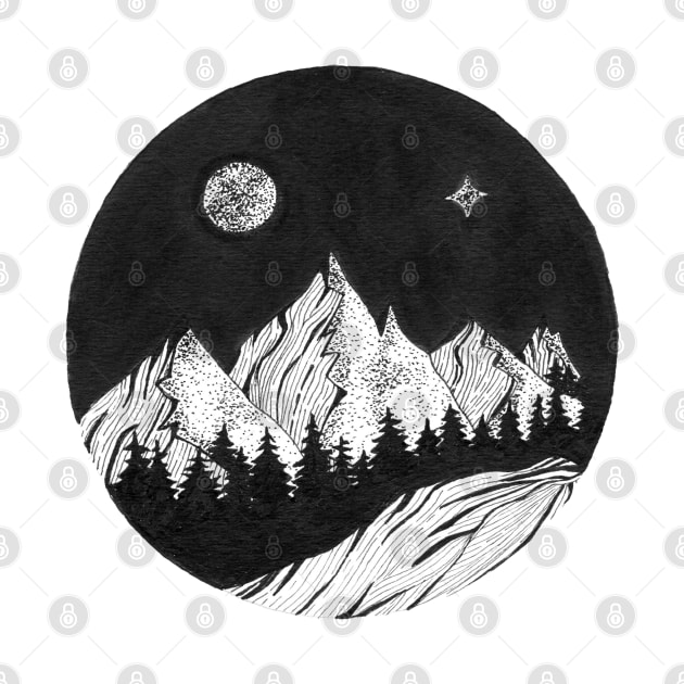 Hand inked draw of forest with mountains under the night sky with full moon and northern light by schtroumpf2510