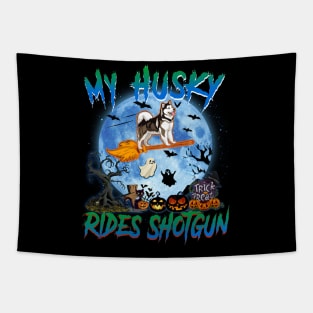 My Husky Rides Shotgun Witch Halloween Tapestry