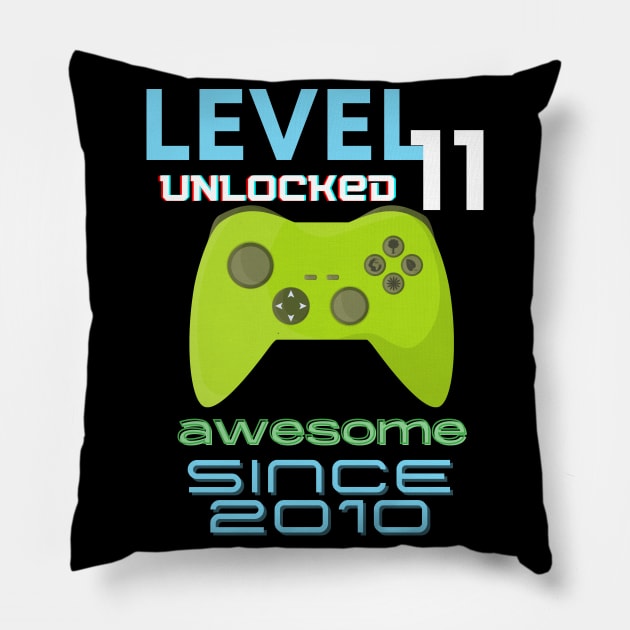 Level 11 Unlocked Awesome 2010 Video Gamer Pillow by Fabled Rags 