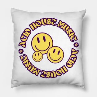 ACID HOUSE  - Circular Font With  3 Smileys (purple/yellow) Pillow