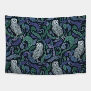 Night owls with curly leaves in cold purple colors Tapestry