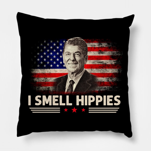 I Smell Hippies Ronald Reagan President Pillow by peskyrubeus