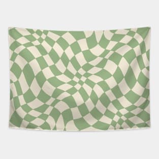 Green and Cream Distorted Warped Checkerboard Pattern II Tapestry