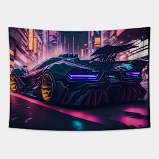 Dark Neon City Sports Car Tapestry