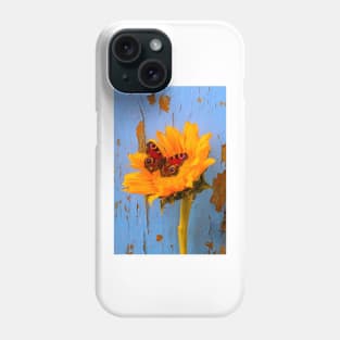 Butterfly Resting On Sunflower With Blue Wall Phone Case