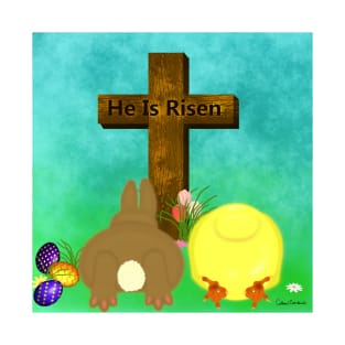 He Is Risen! The Easter Bunny and Chick Bow to Cross T-Shirt