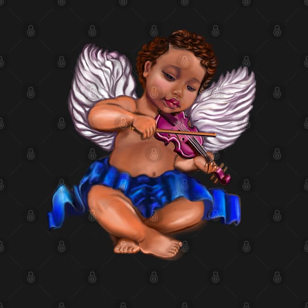 Curly haired Angel playing the violin- blissful Sun kissed curly haired Baby cherub angel classical art by Artonmytee