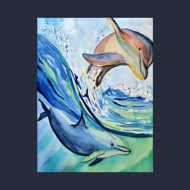 Dolphins, sea life in watercolour pattern illustration by Ala Lopatniov
