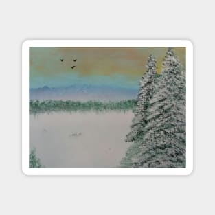 A winter landscape scene with pines Magnet