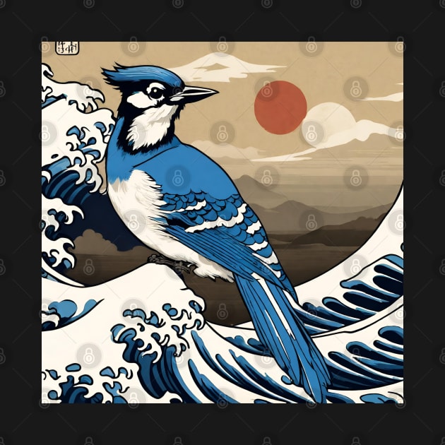 Vintage Blue Jay Bird in Sunset with The Great Wave Bird Watching Dad by wigobun