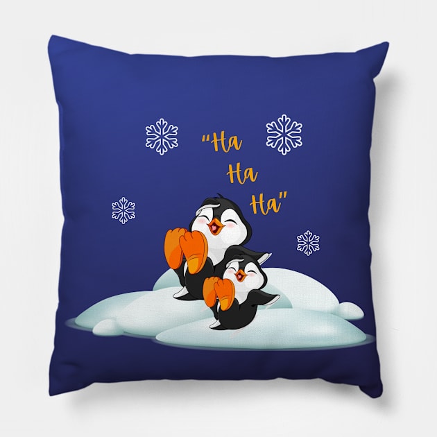 happy penguin blue background snowflake Pillow by Life and Power.