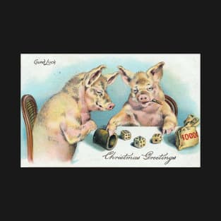 Victorian Christmas Pigs Playing Dice Christmas Greetings T-Shirt