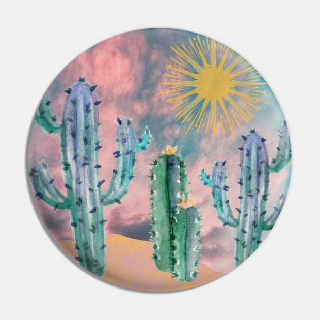 Abstract Cactus Scene - Pink Blue Pin by HalfPastStarlight