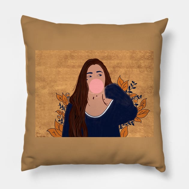 A girl eating chewing gum. Pillow by Jeneythomas