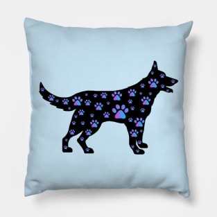 Blue Purple Paw Print Black Dog Silhouette Pillow