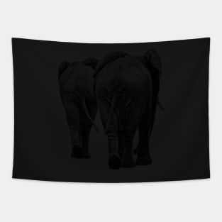 Elephant Pair Full Figure Rear View in Black and White Tapestry