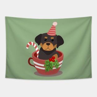 Cute Rottweiler Puppy In A Cup | Merry Christmas Tapestry