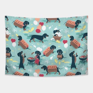 Hot dogs and lemonade // pattern // aqua green background navy and brown dachshunds Tapestry