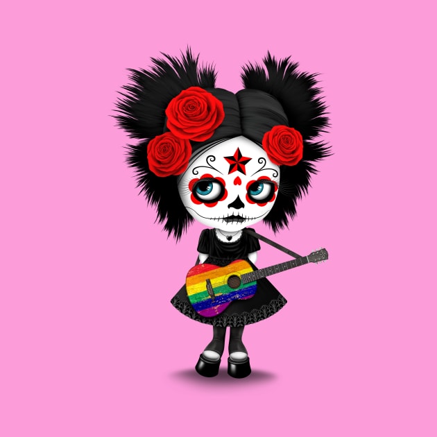 Sugar Skull Girl Playing Gay Pride Rainbow Flag Guitar by jeffbartels