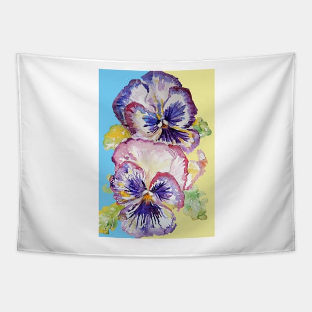 Pansy Watercolor Purple Flower Pattern on Light Blue Tapestry by SarahRajkotwala