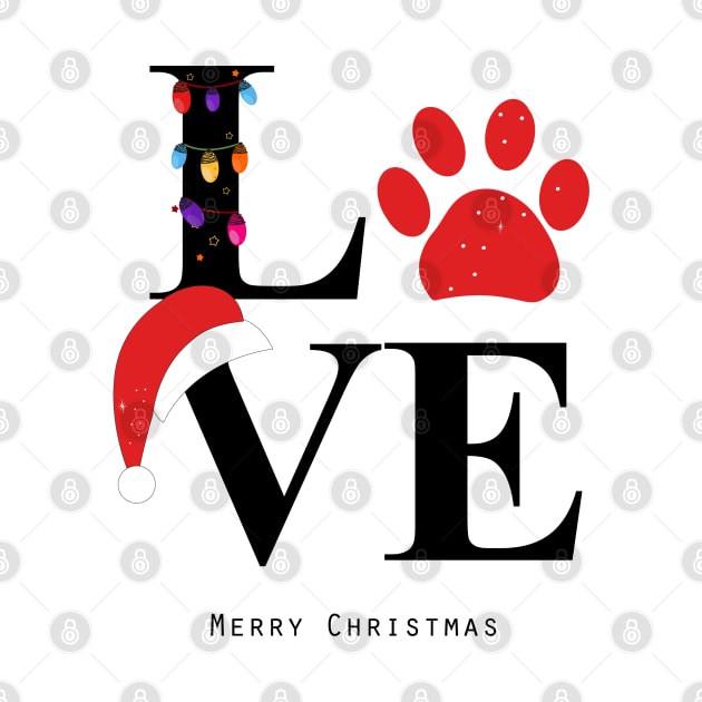 Love text with paw print and colorful light bulb.merry christmas by stark.shop