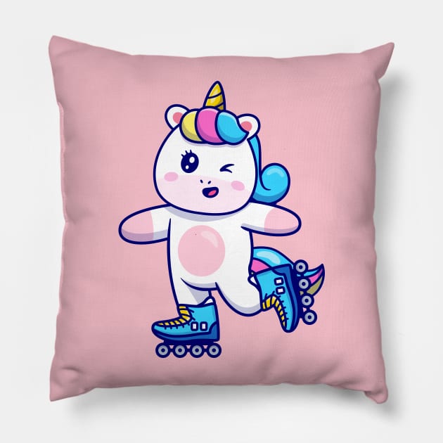 Cute Unicorn Playing Roller Skate Cartoon Pillow by Catalyst Labs