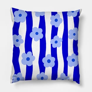 Cobalt Blue Groovy Flowers Pattern Pillow