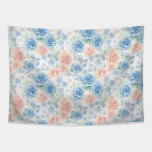 Vibrant Watercolor Pink and Blue Roses Flower Art Tapestry