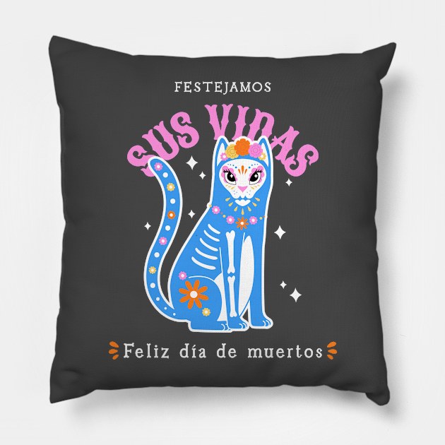 dia de los muertos cat day of the dead Pillow by Tip Top Tee's