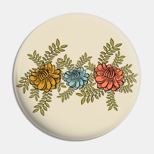 Hand-Drawn Camellia Flowers on Intertwined Vines in Mustard, Blue, and Salmon Hues Pin