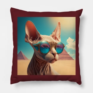 Sphinx cat with glasses looking to the side on the background of the pyramids Pillow