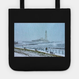 whitley bay lighthouse winter postcard Tote