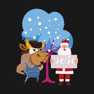 Cute Thoughtful Ox With Santa New Year 2021 Symbol Chinese Zodiac Animal Funny Xmas New Year Gift T-Shirt