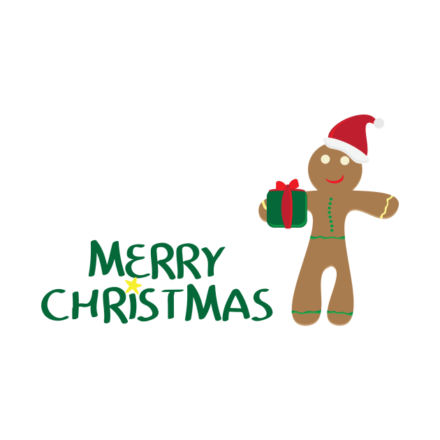 Merry Christmas logo with Yellow star, gingerbread man cookie wearing santa hat,  holding gift on white background by sigdesign