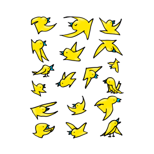 Flock of yellow birds with blue beaks happily chirping and flying T-Shirt